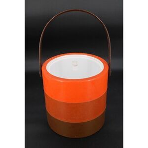 Vintage Private Stock 3 Qt Ice Bucket Org Brn Stripe Lucite Handle & Lid Barware